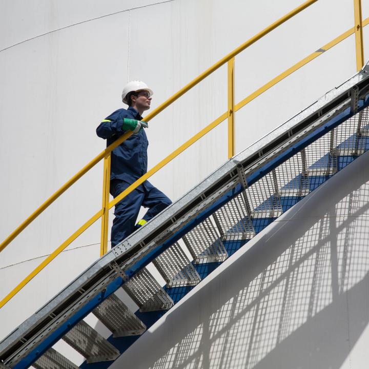 man walking up a stair